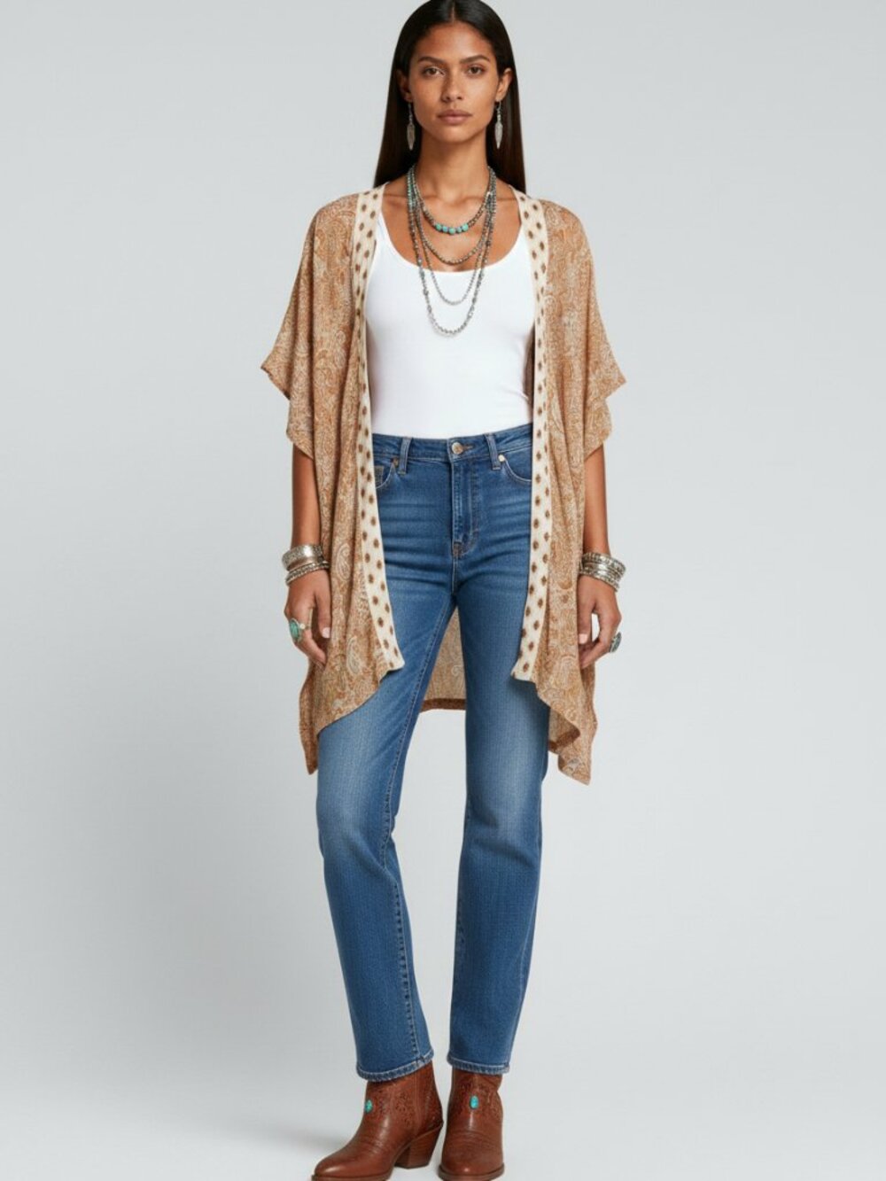 Loft Paisley Kimono Carigan Tan Boho Shrug Wrap Size M-L